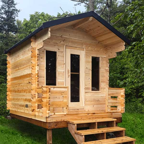 LeisureCraft CT Georgian Cabin Sauna with Porch – Cedar Cabin + Covered Entry