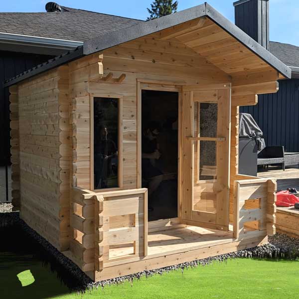 LeisureCraft CT Georgian Cabin Sauna with Porch – Cedar Cabin + Covered Entry